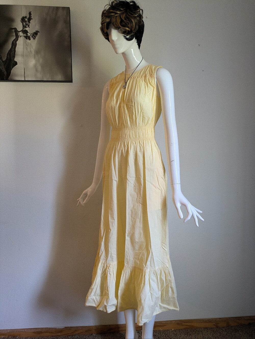 A New Day Light Yellow Smocked Waist Tiered Midi Dress Size XS